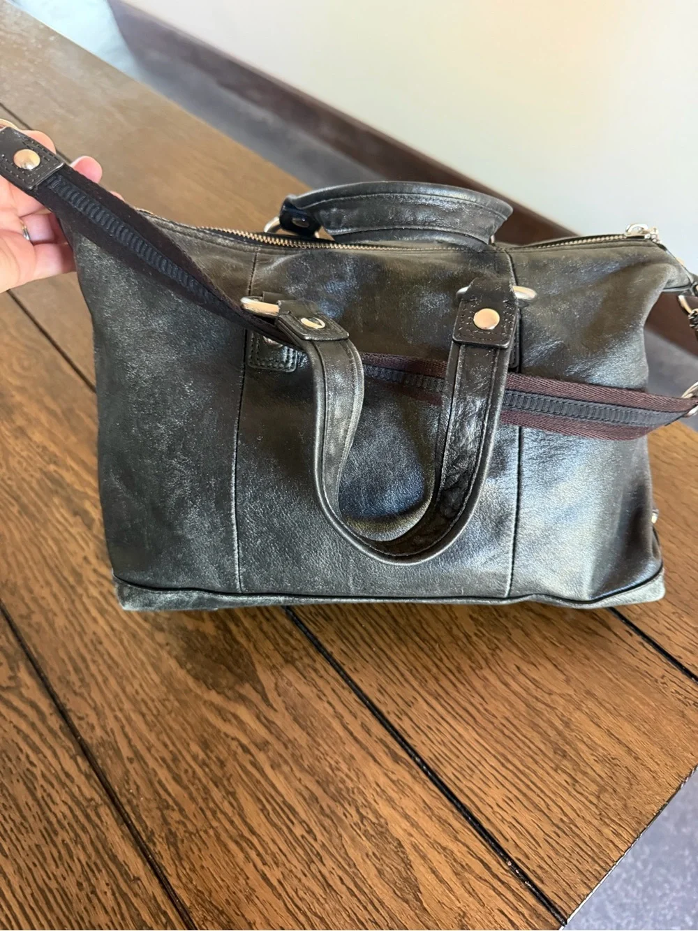 Coach Poppy Y2K Black Distressed Boston Satchel Double One-Shoulder Bag Silver